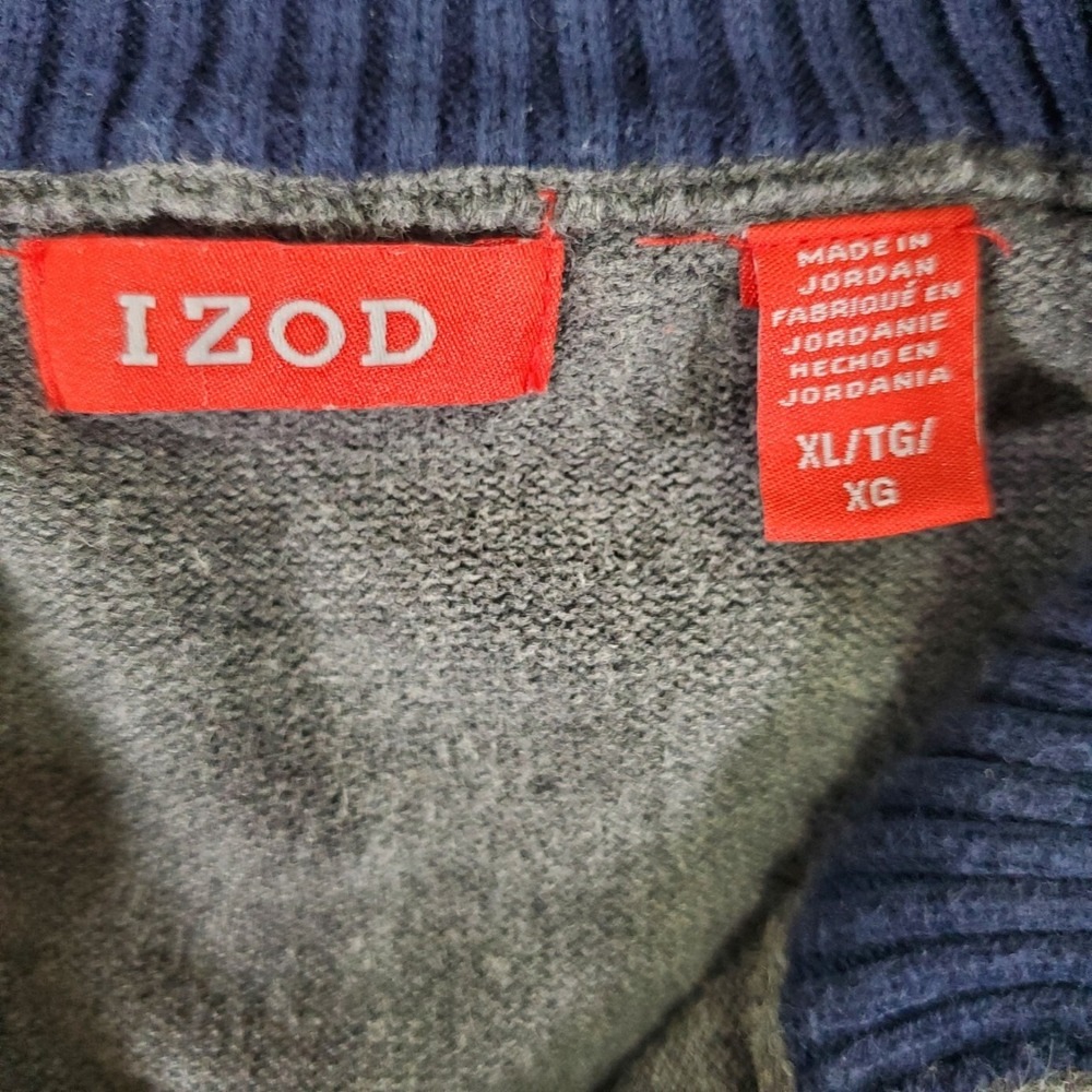 IZOD Mens XL Gray Quarter Button Mock Neck Sweater Navy Trim Preppy Grandpacore - Picture 5 of 14